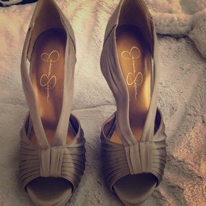 Jessica Simpson satin taupe heels